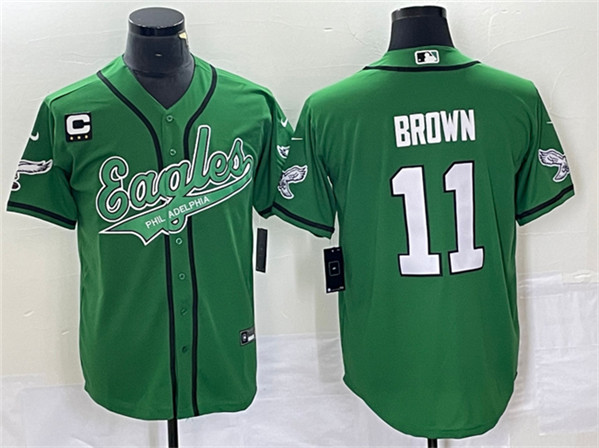 Men's Philadelphia Eagles #11 A. J. Brown Green With C Patch Cool Base Baseball Stitched Jersey